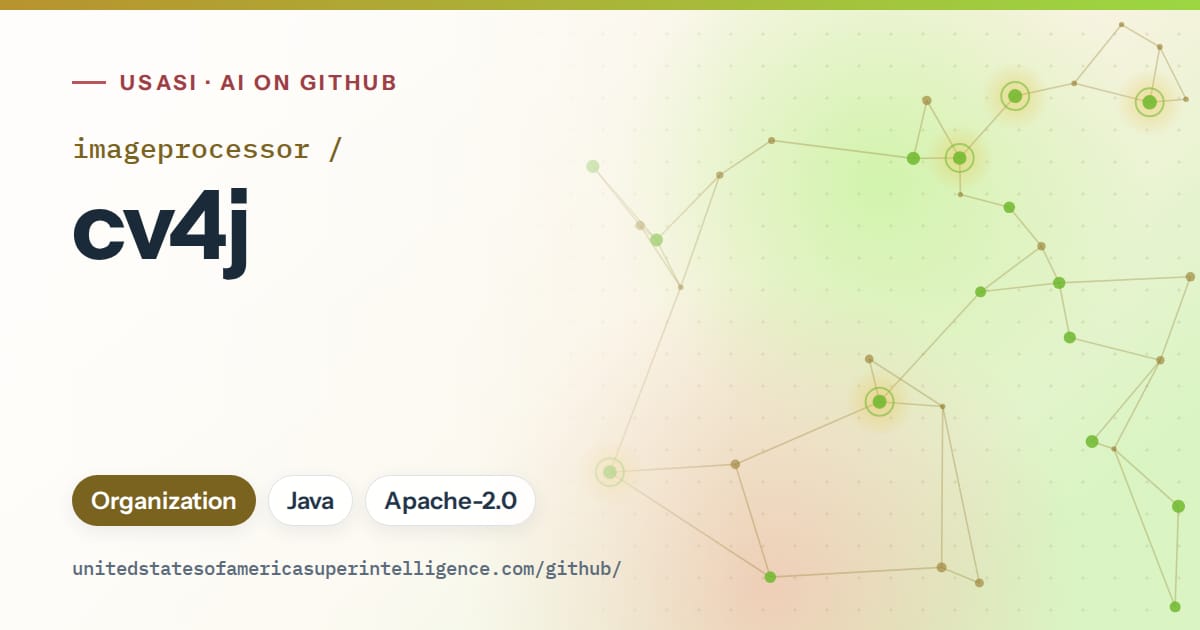 Generated orange constellation network artwork for imageprocessor/cv4j, labeled USASI · AI on GitHub, with Organization · Java · Apache-2.0.