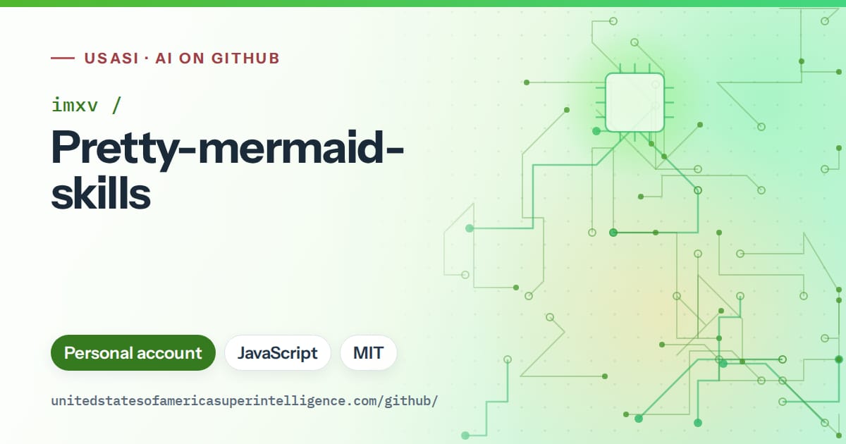 Generated green circuit-trace artwork for imxv/Pretty-mermaid-skills, labeled USASI · AI on GitHub, with Personal account · JavaScript · MIT.