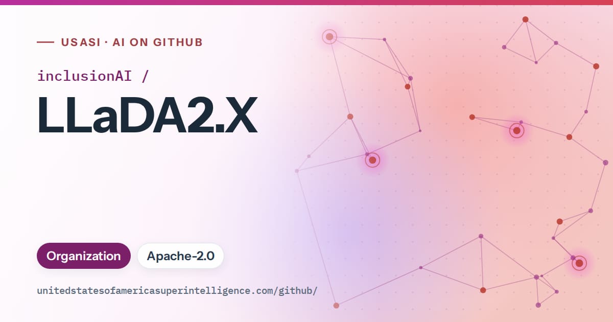 Generated purple constellation network artwork for inclusionAI/LLaDA2.X, labeled USASI · AI on GitHub, with Organization · Apache-2.0.