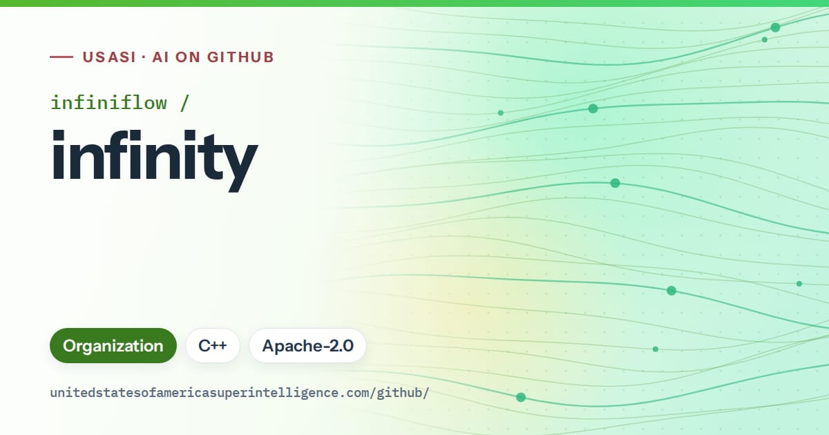 Generated green flowing-wave artwork for infiniflow/infinity, labeled USASI · AI on GitHub, with Organization · C++ · Apache-2.0.