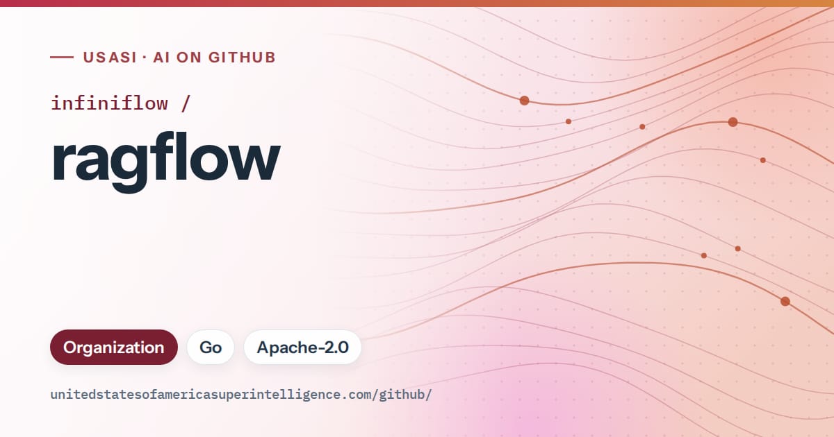 Generated red flowing-wave artwork for infiniflow/ragflow, labeled USASI · AI on GitHub, with Organization · Go · Apache-2.0.
