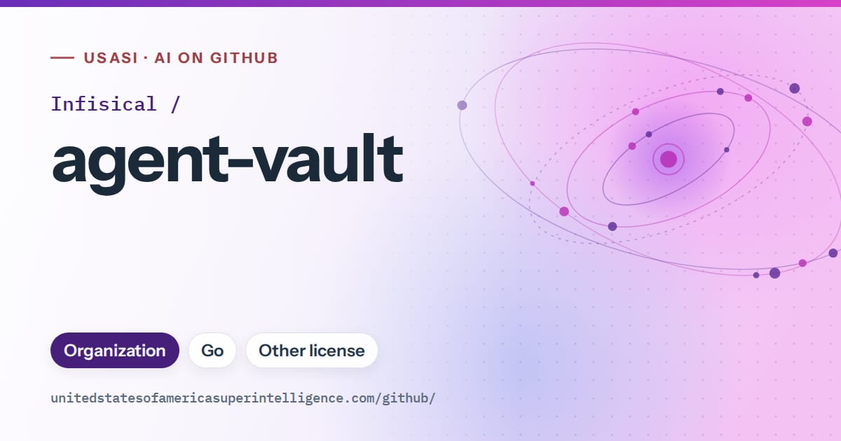 Generated violet orbit artwork for Infisical/agent-vault, labeled USASI · AI on GitHub, with Organization · Go · Other license.