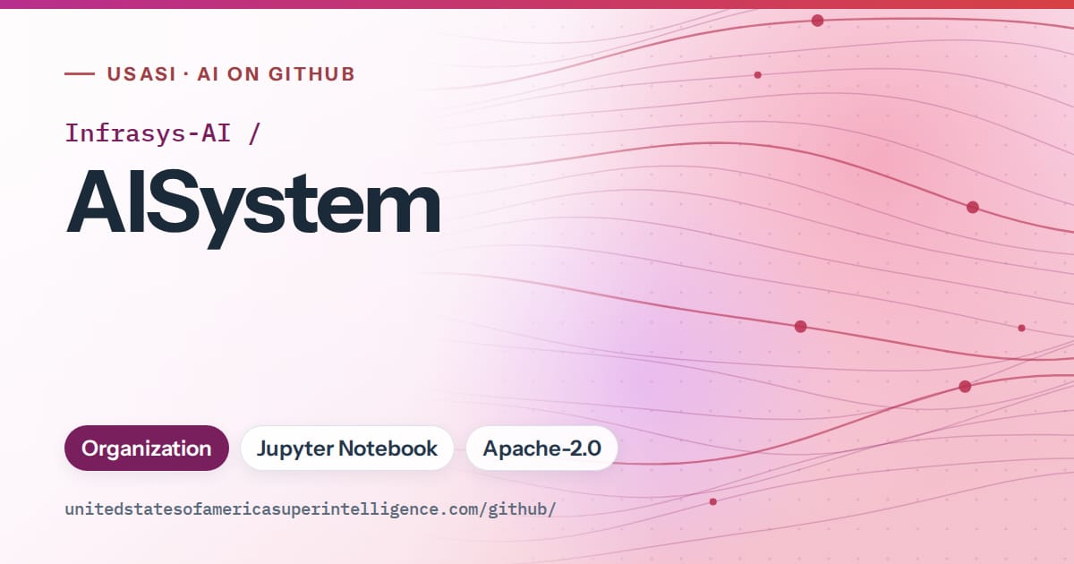 Generated purple flowing-wave artwork for Infrasys-AI/AISystem, labeled USASI · AI on GitHub, with Organization · Jupyter Notebook · Apache-2.0.