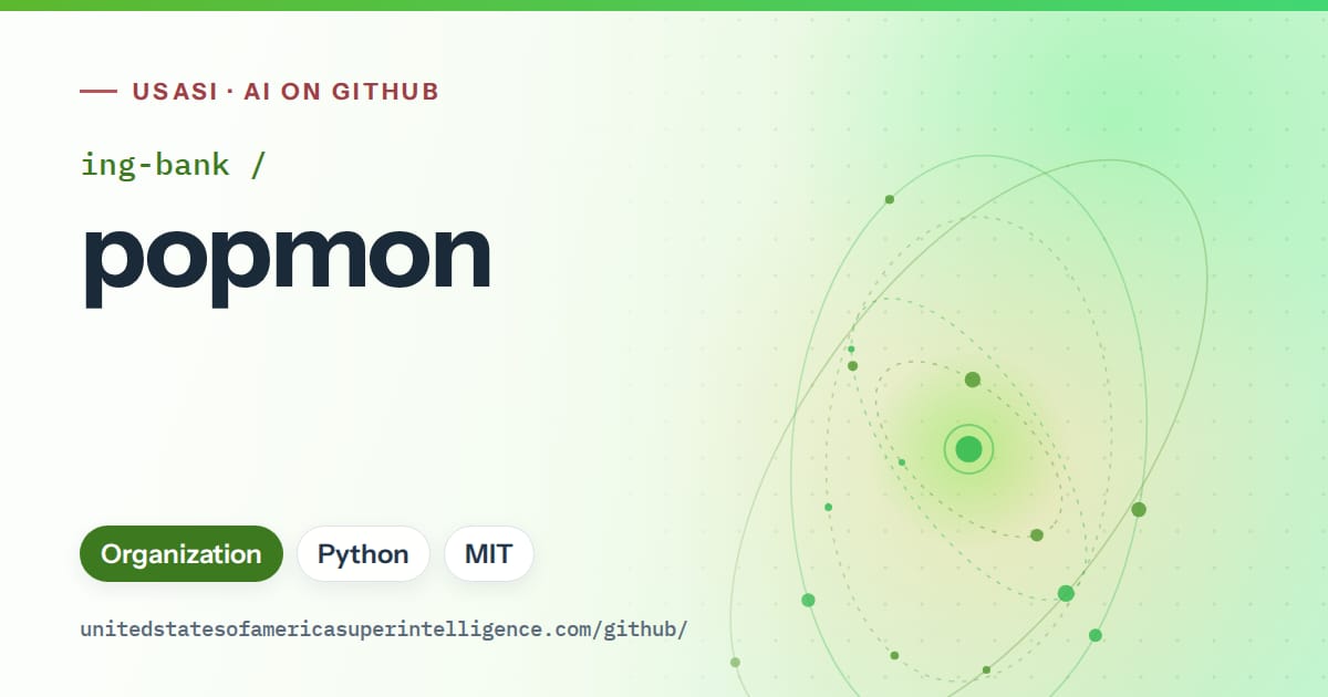 Generated green orbit artwork for ing-bank/popmon, labeled USASI · AI on GitHub, with Organization · Python · MIT.