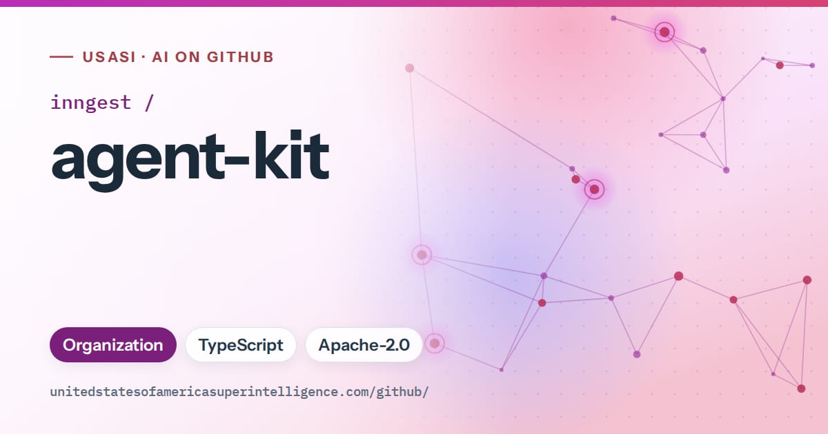 Generated purple constellation network artwork for inngest/agent-kit, labeled USASI · AI on GitHub, with Organization · TypeScript · Apache-2.0.