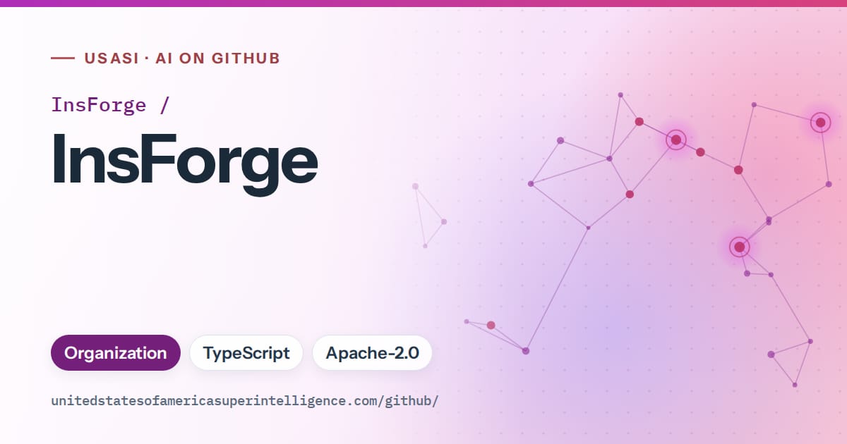 Generated purple constellation network artwork for InsForge/InsForge, labeled USASI · AI on GitHub, with Organization · TypeScript · Apache-2.0.