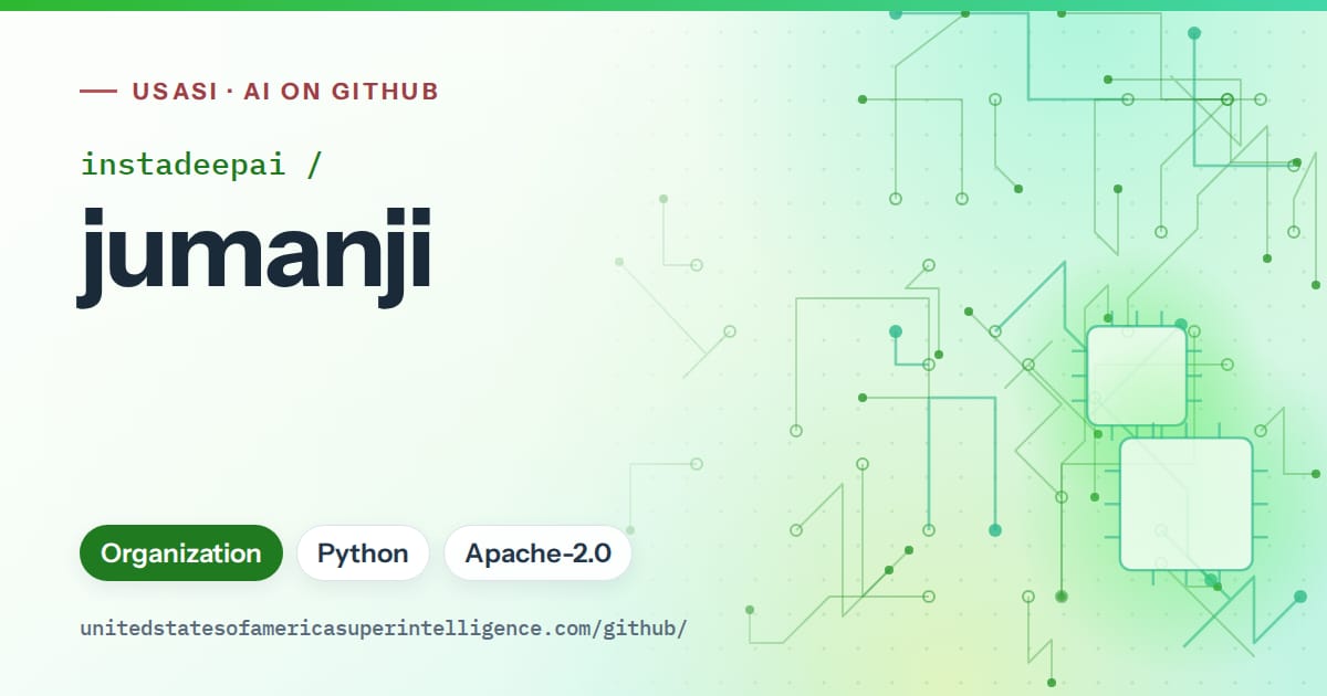 Generated green circuit-trace artwork for instadeepai/jumanji, labeled USASI · AI on GitHub, with Organization · Python · Apache-2.0.