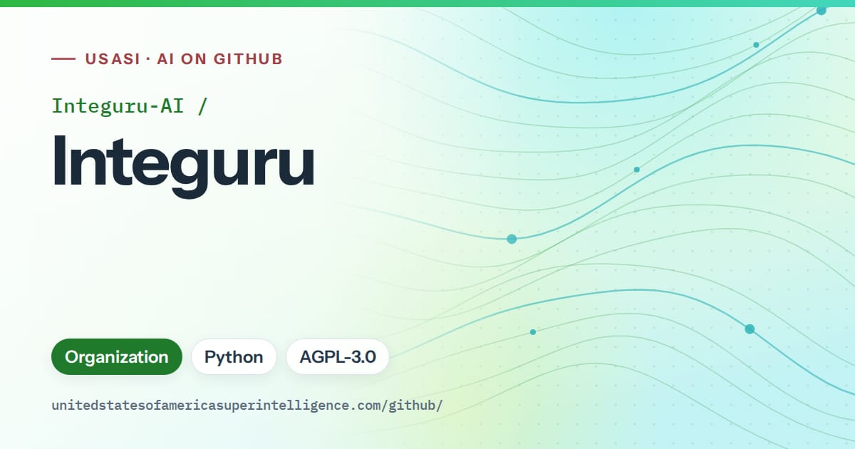 Generated green flowing-wave artwork for Integuru-AI/Integuru, labeled USASI · AI on GitHub, with Organization · Python · AGPL-3.0.