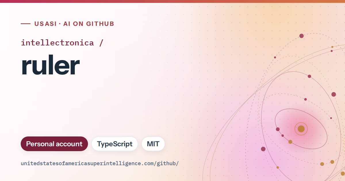 Generated pink orbit artwork for intellectronica/ruler, labeled USASI · AI on GitHub, with Personal account · TypeScript · MIT.