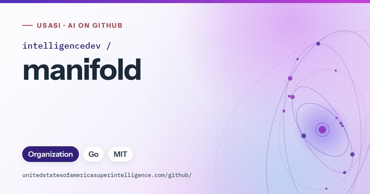 Generated violet orbit artwork for intelligencedev/manifold, labeled USASI · AI on GitHub, with Organization · Go · MIT.