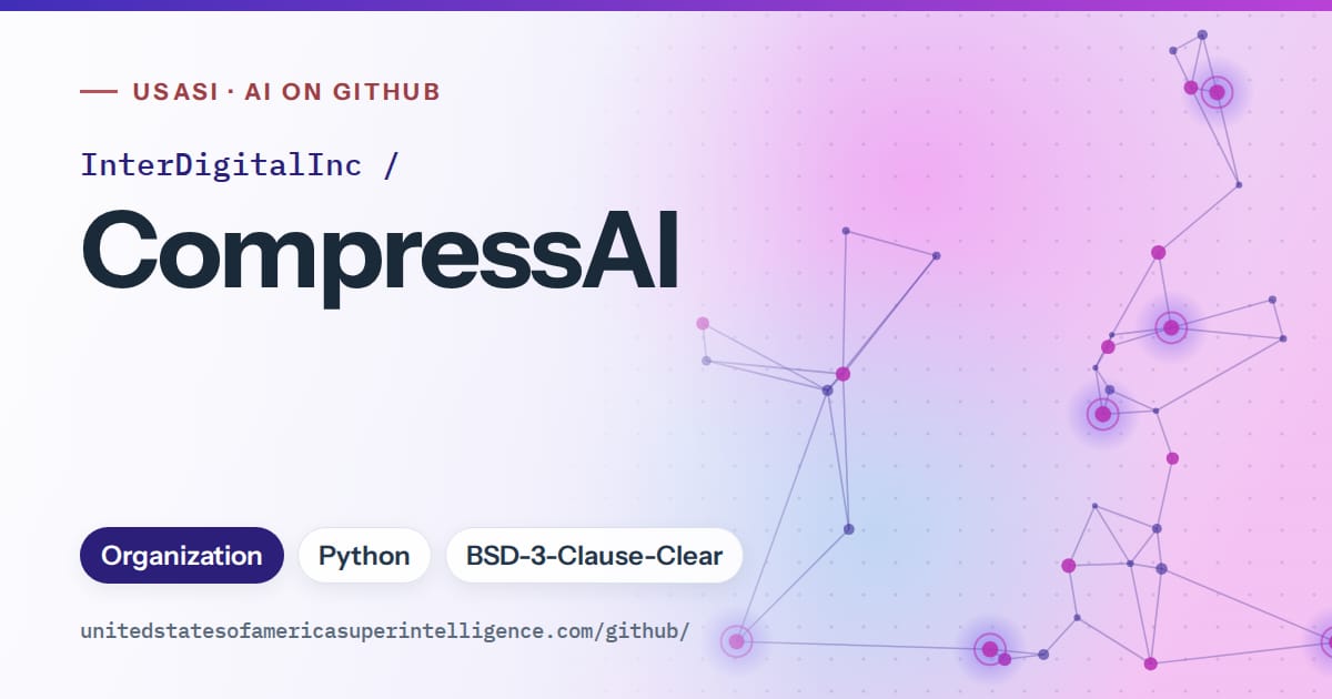 Generated blue constellation network artwork for InterDigitalInc/CompressAI, labeled USASI · AI on GitHub, with Organization · Python · BSD-3-Clause-Clear.