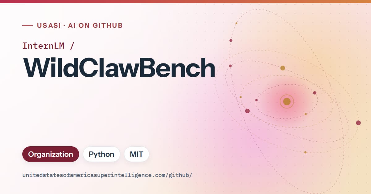 Generated red orbit artwork for InternLM/WildClawBench, labeled USASI · AI on GitHub, with Organization · Python · MIT.