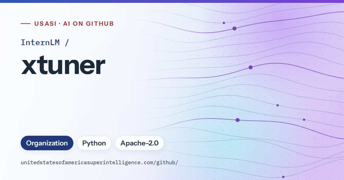 Generated blue flowing-wave artwork for InternLM/xtuner, labeled USASI · AI on GitHub, with Organization · Python · Apache-2.0.
