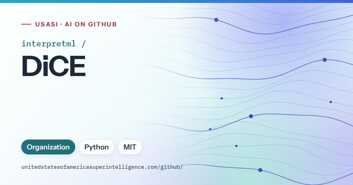 Generated teal flowing-wave artwork for interpretml/DiCE, labeled USASI · AI on GitHub, with Organization · Python · MIT.