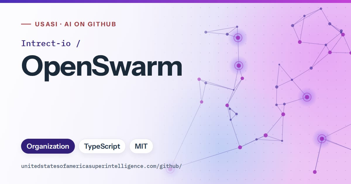 Generated violet constellation network artwork for Intrect-io/OpenSwarm, labeled USASI · AI on GitHub, with Organization · TypeScript · MIT.