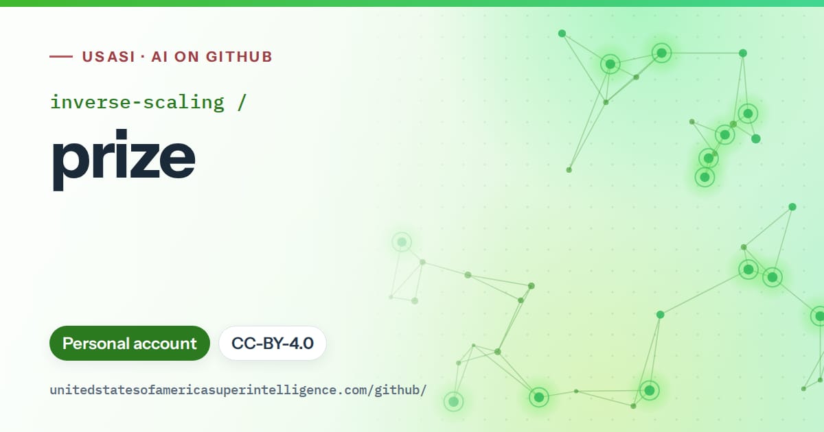 Generated green constellation network artwork for inverse-scaling/prize, labeled USASI · AI on GitHub, with Personal account · CC-BY-4.0.