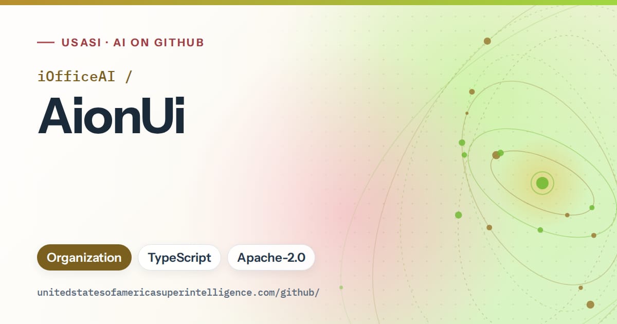 Generated orange orbit artwork for iOfficeAI/AionUi, labeled USASI · AI on GitHub, with Organization · TypeScript · Apache-2.0.