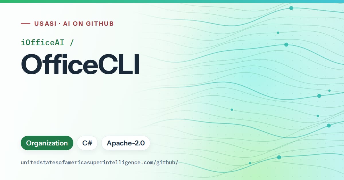 Generated green flowing-wave artwork for iOfficeAI/OfficeCLI, labeled USASI · AI on GitHub, with Organization · C# · Apache-2.0.