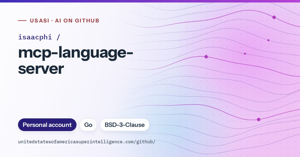 Generated blue flowing-wave artwork for isaacphi/mcp-language-server, labeled USASI · AI on GitHub, with Personal account · Go · BSD-3-Clause.