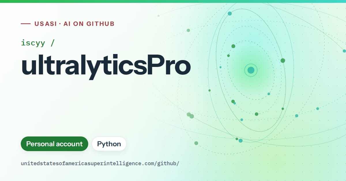 Generated green orbit artwork for iscyy/ultralyticsPro, labeled USASI · AI on GitHub, with Personal account · Python.