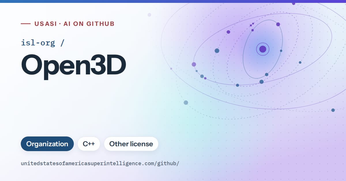 Generated sky blue orbit artwork for isl-org/Open3D, labeled USASI · AI on GitHub, with Organization · C++ · Other license.