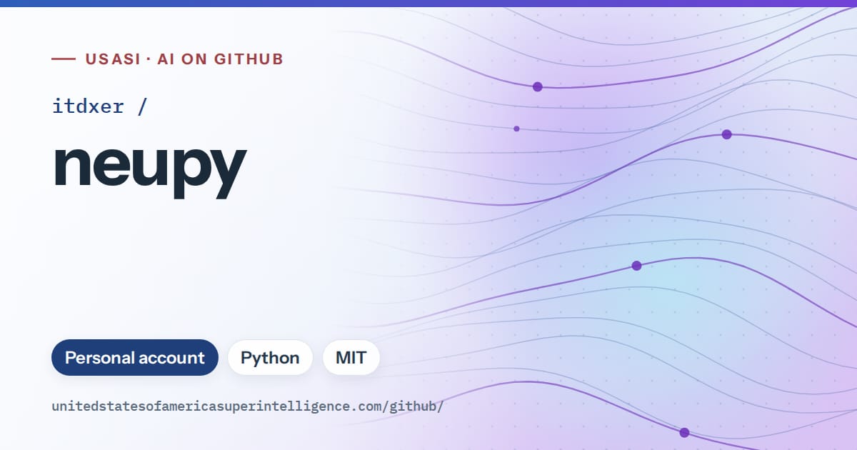 Generated blue flowing-wave artwork for itdxer/neupy, labeled USASI · AI on GitHub, with Personal account · Python · MIT.