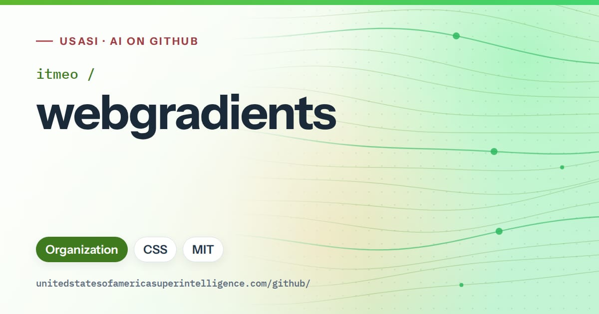 Generated green flowing-wave artwork for itmeo/webgradients, labeled USASI · AI on GitHub, with Organization · CSS · MIT.