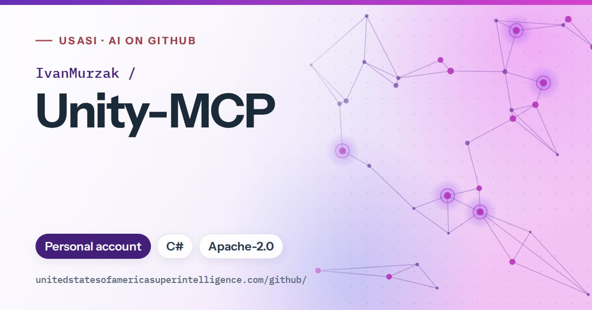 Generated violet constellation network artwork for IvanMurzak/Unity-MCP, labeled USASI · AI on GitHub, with Personal account · C# · Apache-2.0.