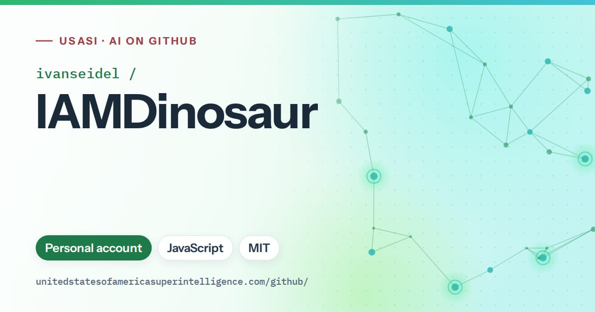 Generated green constellation network artwork for ivanseidel/IAMDinosaur, labeled USASI · AI on GitHub, with Personal account · JavaScript · MIT.