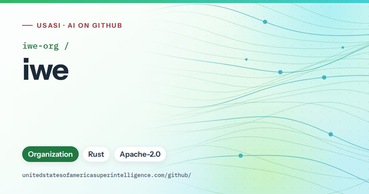 Generated green flowing-wave artwork for iwe-org/iwe, labeled USASI · AI on GitHub, with Organization · Rust · Apache-2.0.
