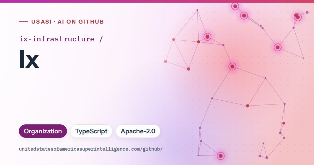 Generated purple constellation network artwork for ix-infrastructure/Ix, labeled USASI · AI on GitHub, with Organization · TypeScript · Apache-2.0.