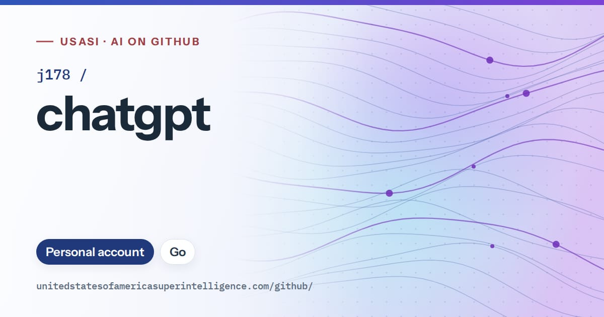 Generated blue flowing-wave artwork for j178/chatgpt, labeled USASI · AI on GitHub, with Personal account · Go.