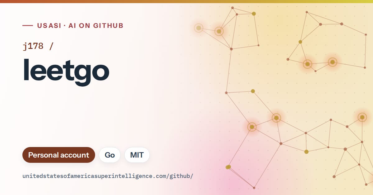 Generated orange constellation network artwork for j178/leetgo, labeled USASI · AI on GitHub, with Personal account · Go · MIT.
