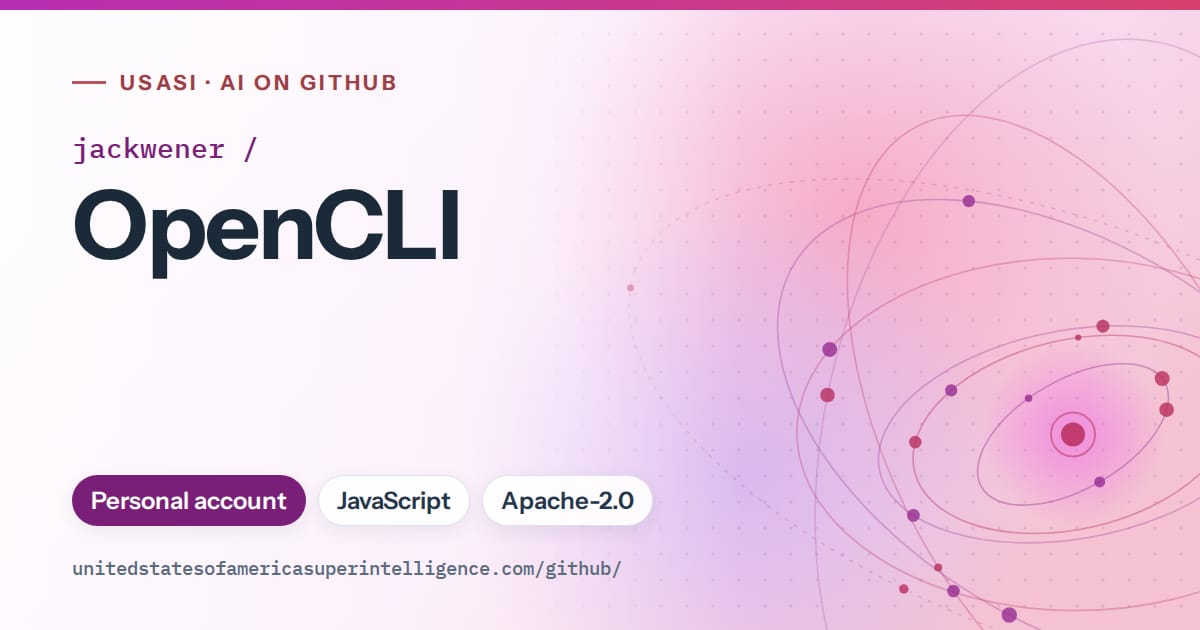Generated purple orbit artwork for jackwener/OpenCLI, labeled USASI · AI on GitHub, with Personal account · JavaScript · Apache-2.0.