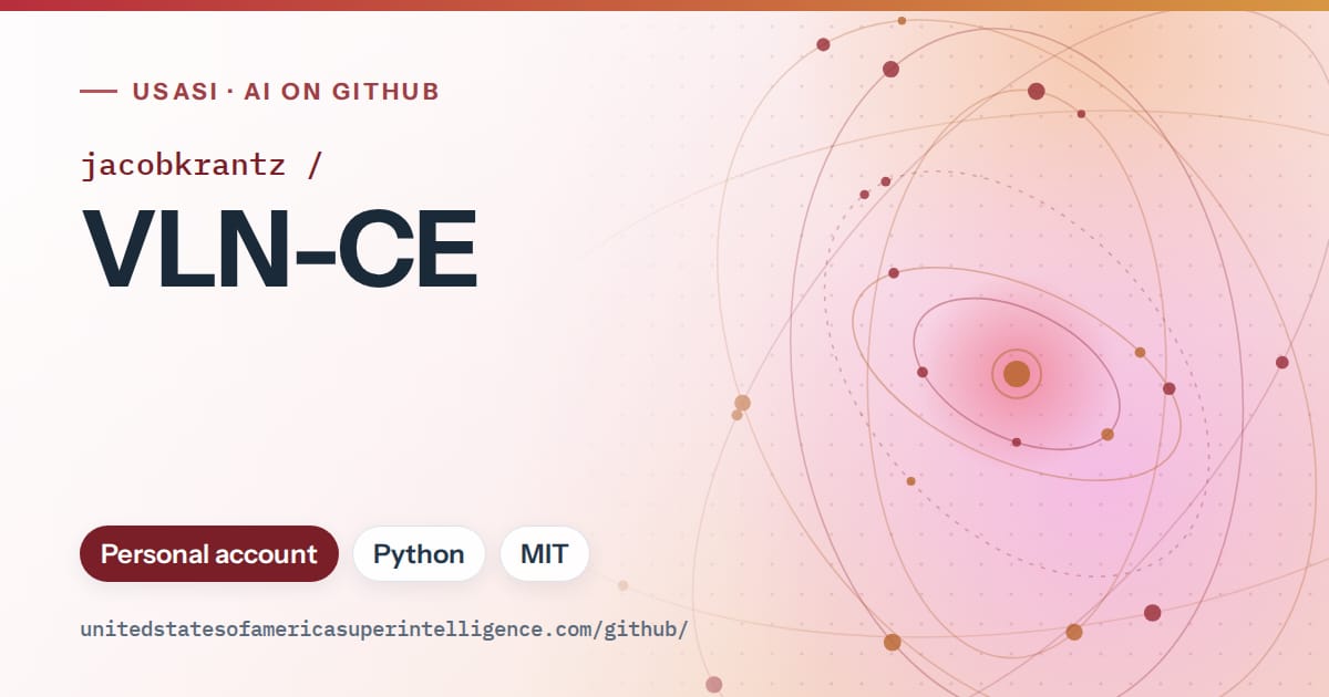 Generated red orbit artwork for jacobkrantz/VLN-CE, labeled USASI · AI on GitHub, with Personal account · Python · MIT.