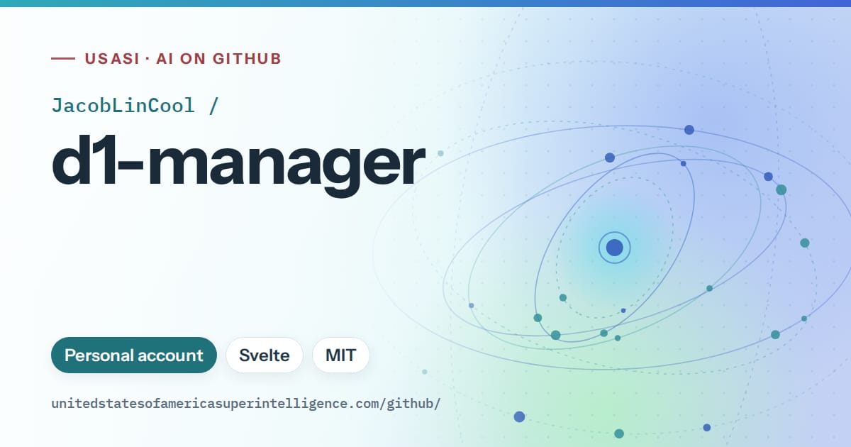 Generated teal orbit artwork for JacobLinCool/d1-manager, labeled USASI · AI on GitHub, with Personal account · Svelte · MIT.