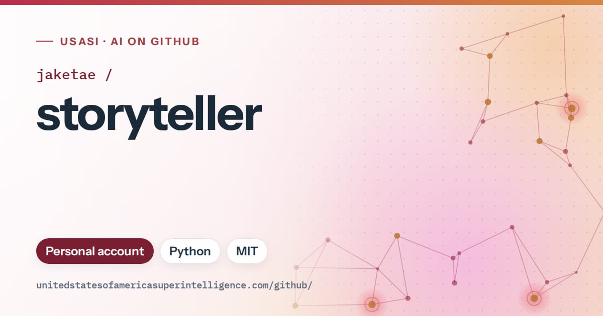 Generated red constellation network artwork for jaketae/storyteller, labeled USASI · AI on GitHub, with Personal account · Python · MIT.