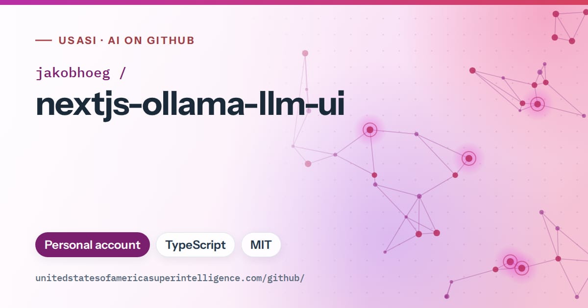 Generated purple constellation network artwork for jakobhoeg/nextjs-ollama-llm-ui, labeled USASI · AI on GitHub, with Personal account · TypeScript · MIT.