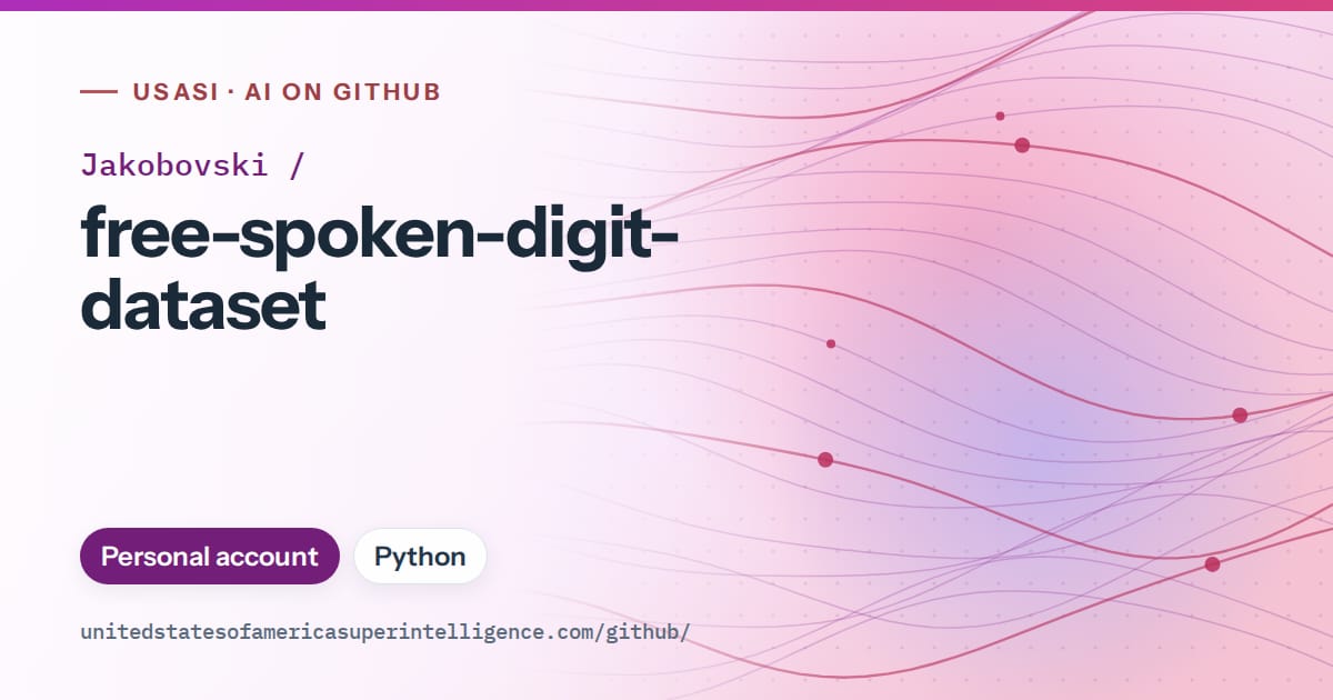 Generated purple flowing-wave artwork for Jakobovski/free-spoken-digit-dataset, labeled USASI · AI on GitHub, with Personal account · Python.