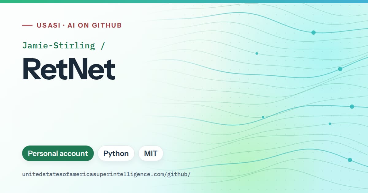 Generated teal flowing-wave artwork for Jamie-Stirling/RetNet, labeled USASI · AI on GitHub, with Personal account · Python · MIT.