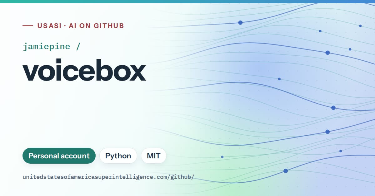 Generated teal flowing-wave artwork for jamiepine/voicebox, labeled USASI · AI on GitHub, with Personal account · Python · MIT.