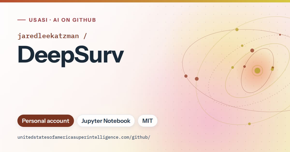 Generated red orbit artwork for jaredleekatzman/DeepSurv, labeled USASI · AI on GitHub, with Personal account · Jupyter Notebook · MIT.
