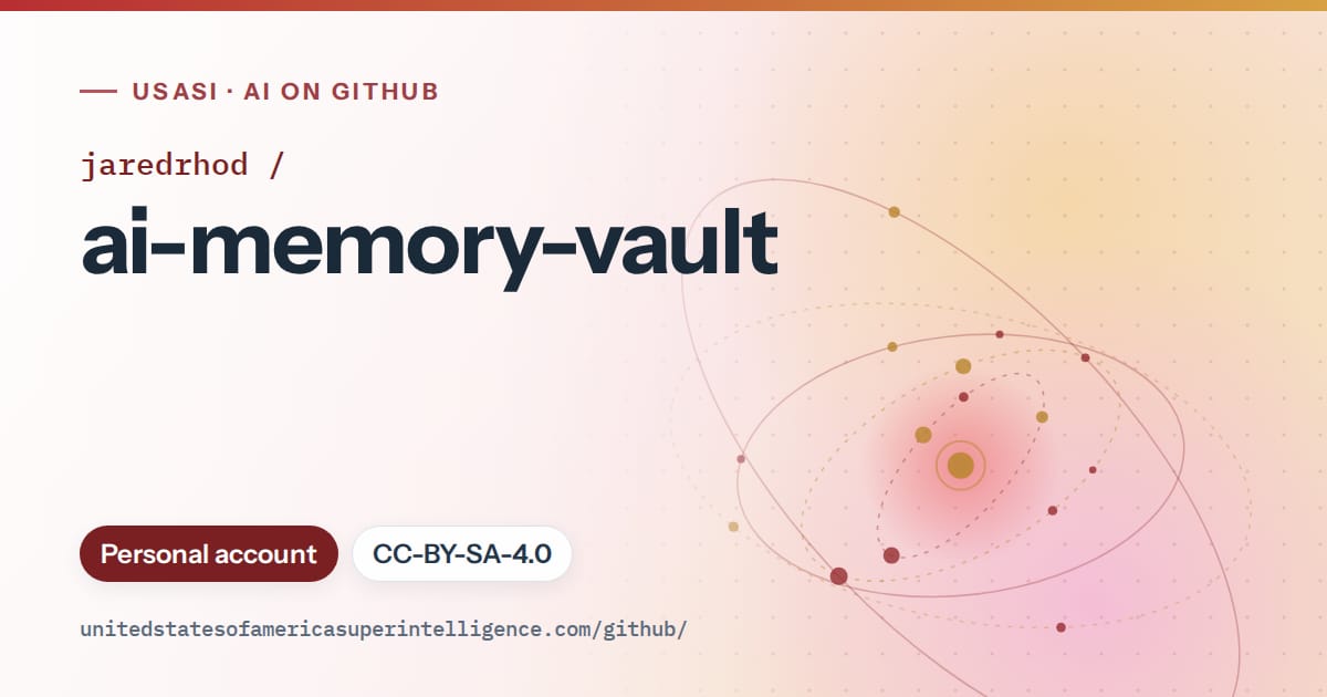 Generated red orbit artwork for jaredrhod/ai-memory-vault, labeled USASI · AI on GitHub, with Personal account · CC-BY-SA-4.0.