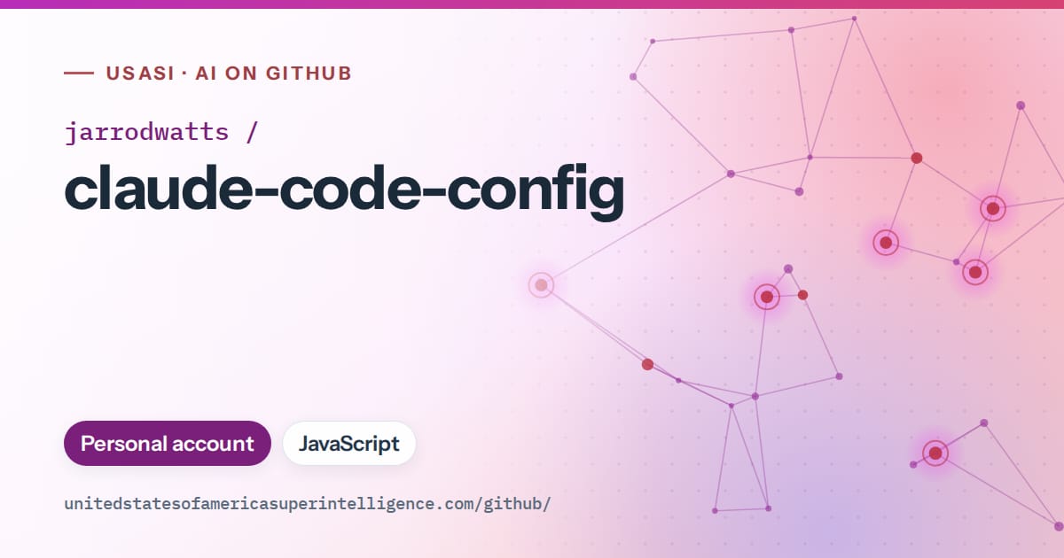 Generated purple constellation network artwork for jarrodwatts/claude-code-config, labeled USASI · AI on GitHub, with Personal account · JavaScript.