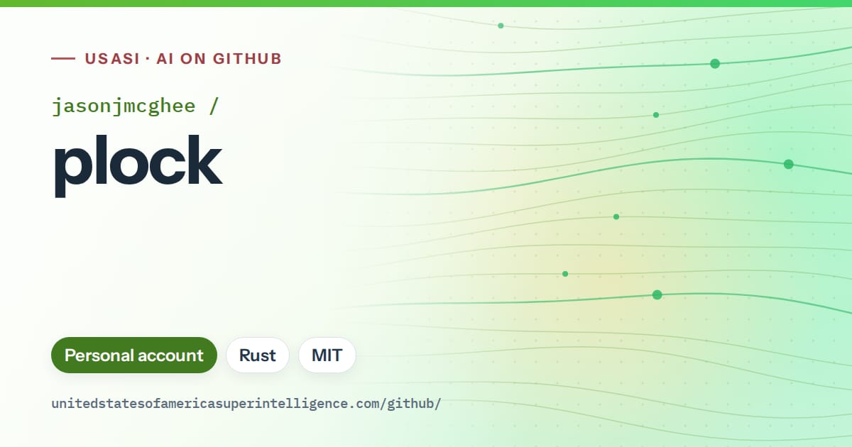 Generated green flowing-wave artwork for jasonjmcghee/plock, labeled USASI · AI on GitHub, with Personal account · Rust · MIT.