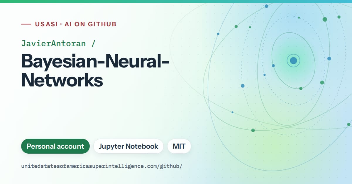 Generated teal orbit artwork for JavierAntoran/Bayesian-Neural-Networks, labeled USASI · AI on GitHub, with Personal account · Jupyter Notebook · MIT.