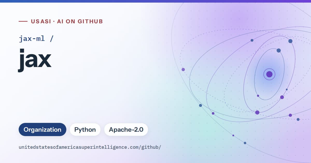 Generated blue orbit artwork for jax-ml/jax, labeled USASI · AI on GitHub, with Organization · Python · Apache-2.0.