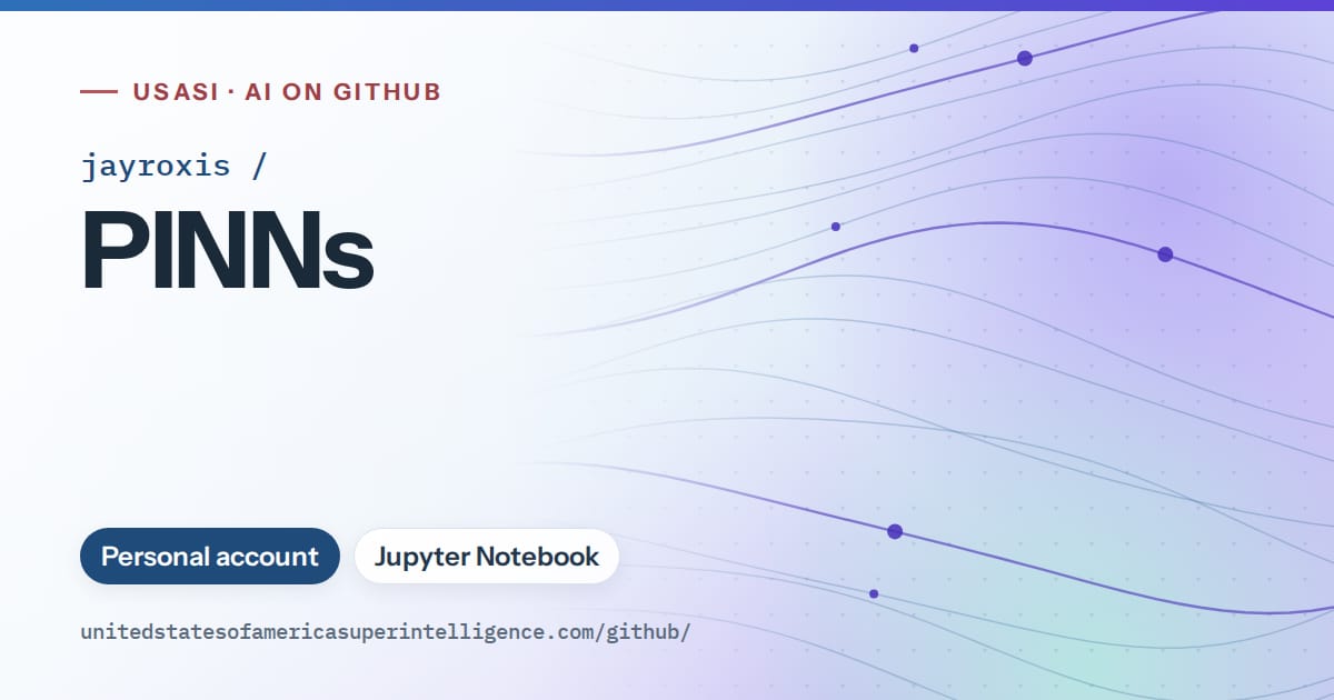 Generated sky blue flowing-wave artwork for jayroxis/PINNs, labeled USASI · AI on GitHub, with Personal account · Jupyter Notebook.