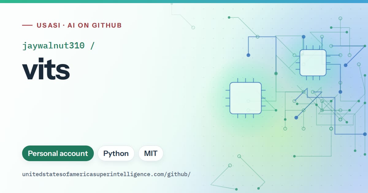 Generated teal circuit-trace artwork for jaywalnut310/vits, labeled USASI · AI on GitHub, with Personal account · Python · MIT.