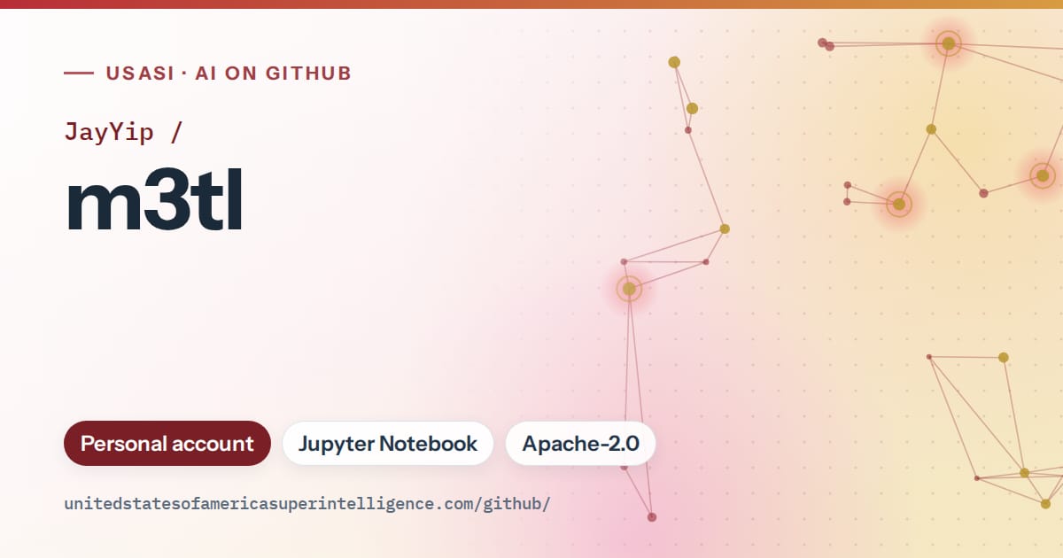 Generated red constellation network artwork for JayYip/m3tl, labeled USASI · AI on GitHub, with Personal account · Jupyter Notebook · Apache-2.0.